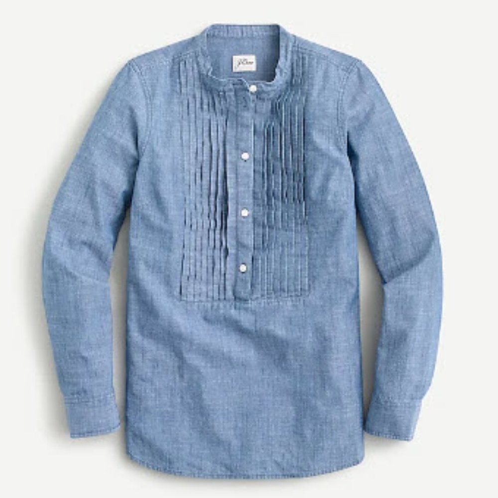 J.Crew Chambray collarless tuxedo shirt in West wash
